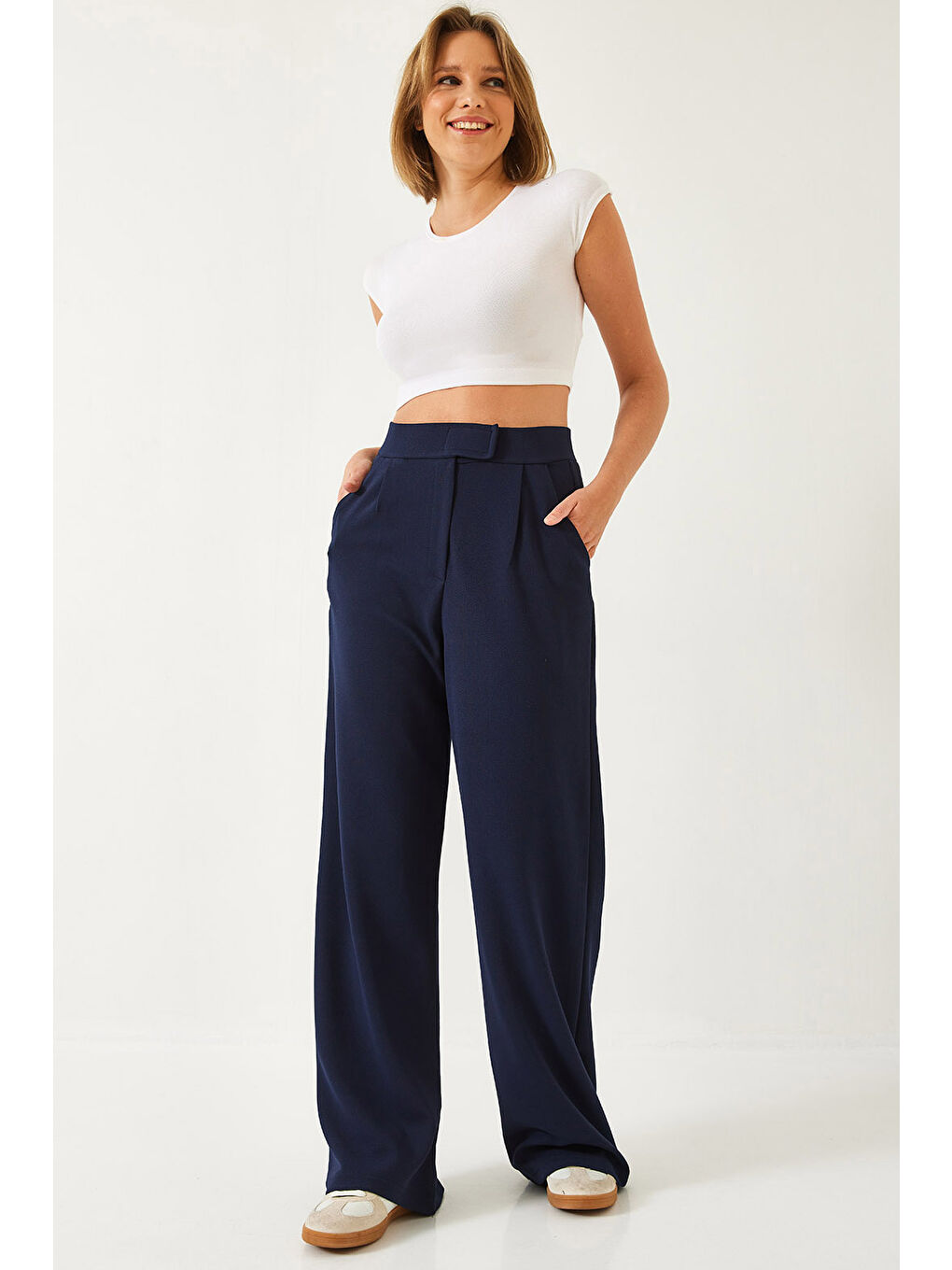 Lacivert Kadın Beli Cırtlı Rahat Palazzo Pantolon-4