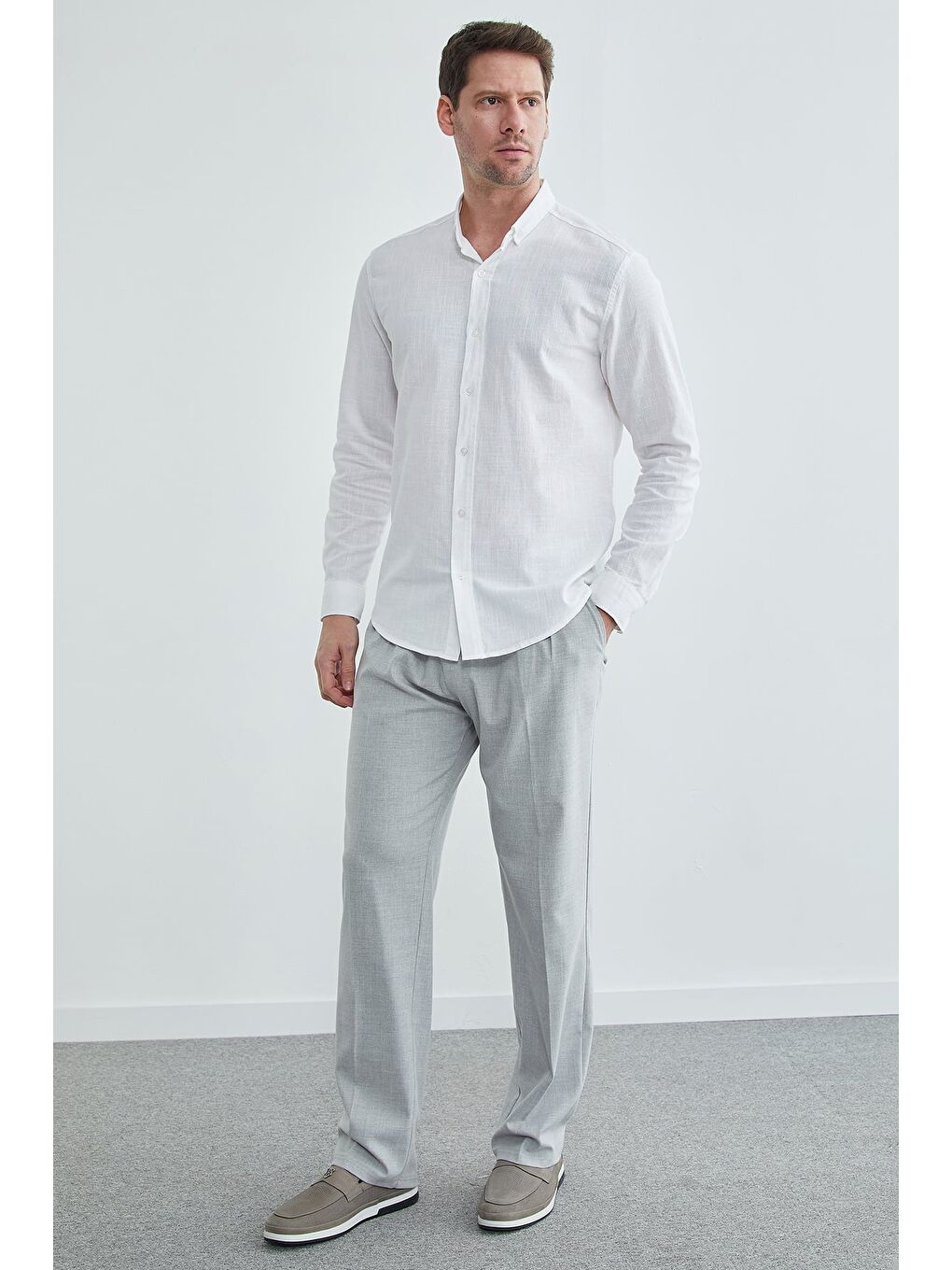 Beyaz Keten Görünümlü Uzun Kollu Gömlek-3