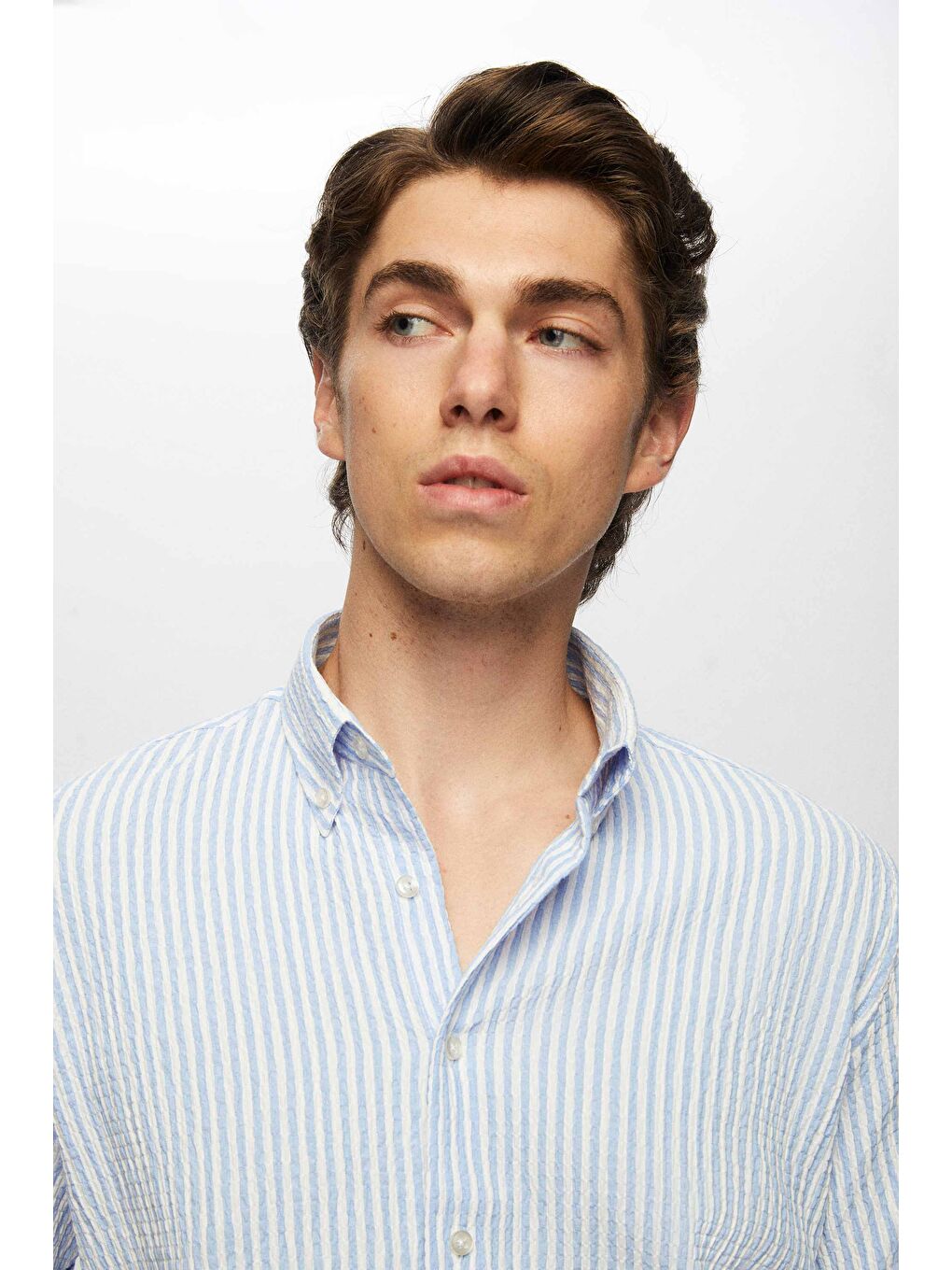 Slim Fit Mavi Gofre Kısa Kollu Gömlek-1