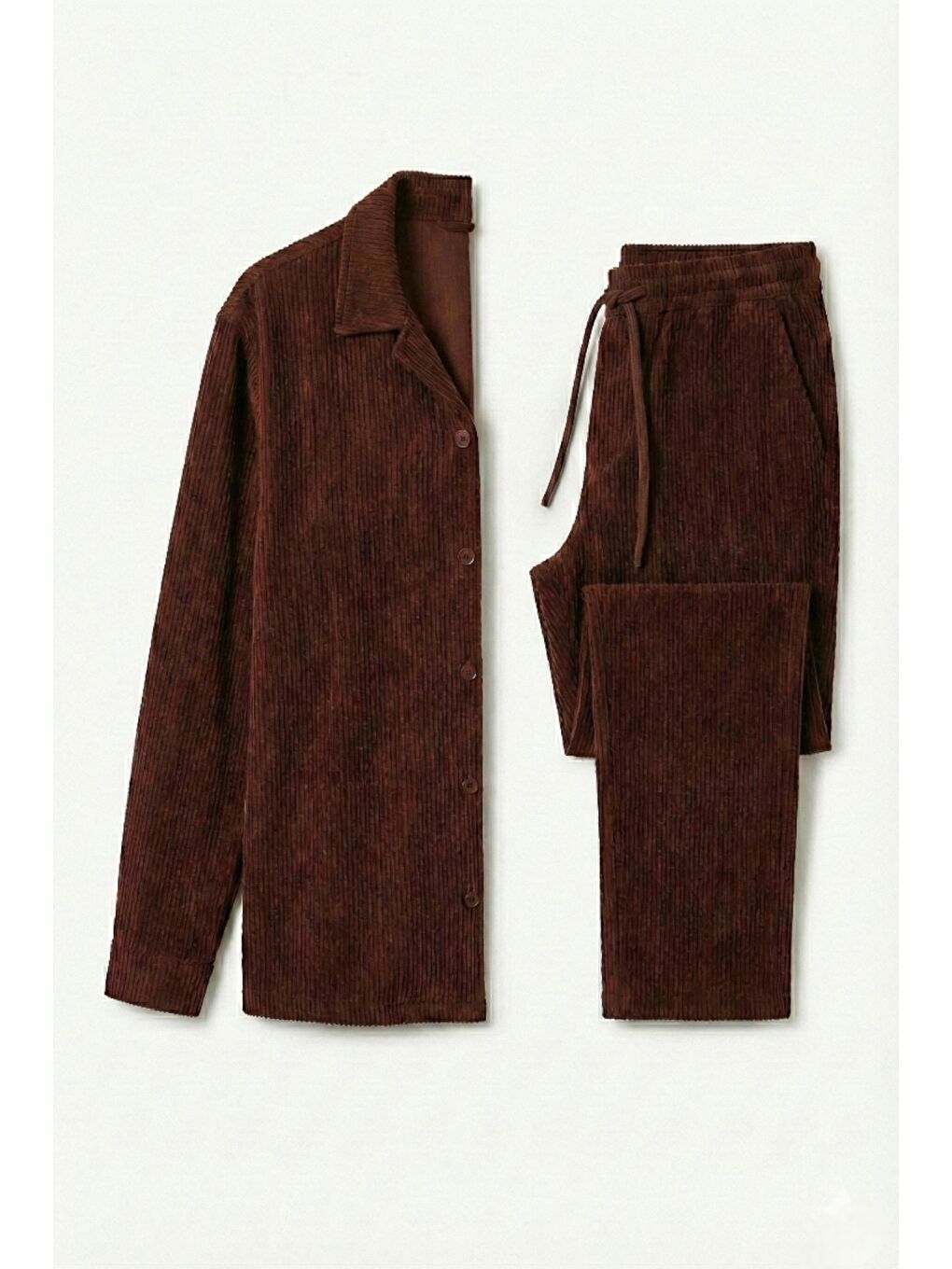 Kahverengi Kadın Premium Fitilli Kumaş Gömlek Pantolon Takımı-1