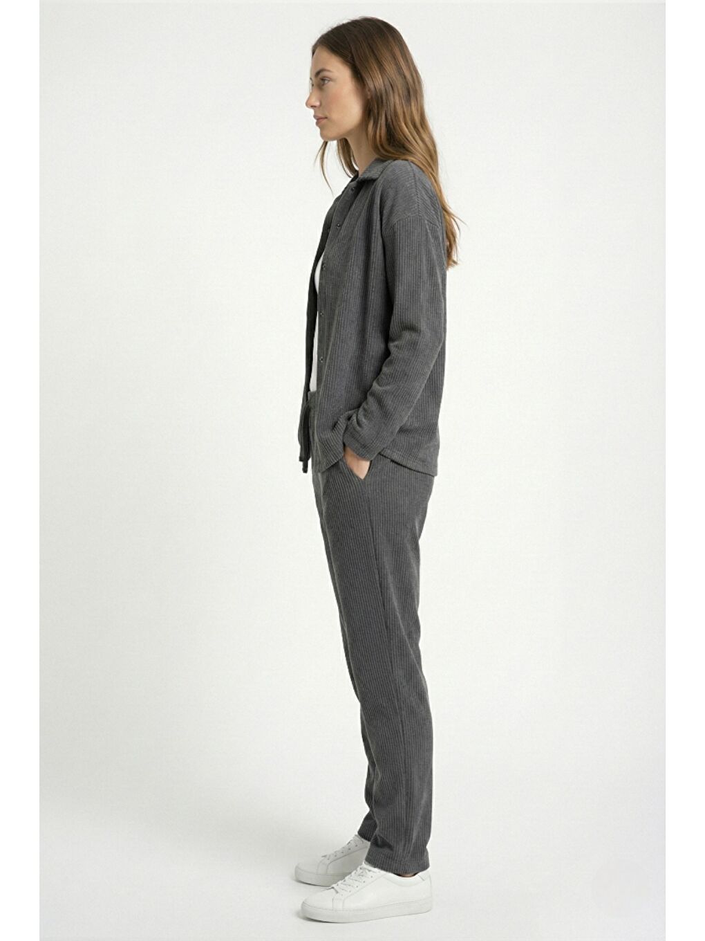 Gri Kadın Premium Fitilli Kumaş Gömlek Pantolon Takımı-2
