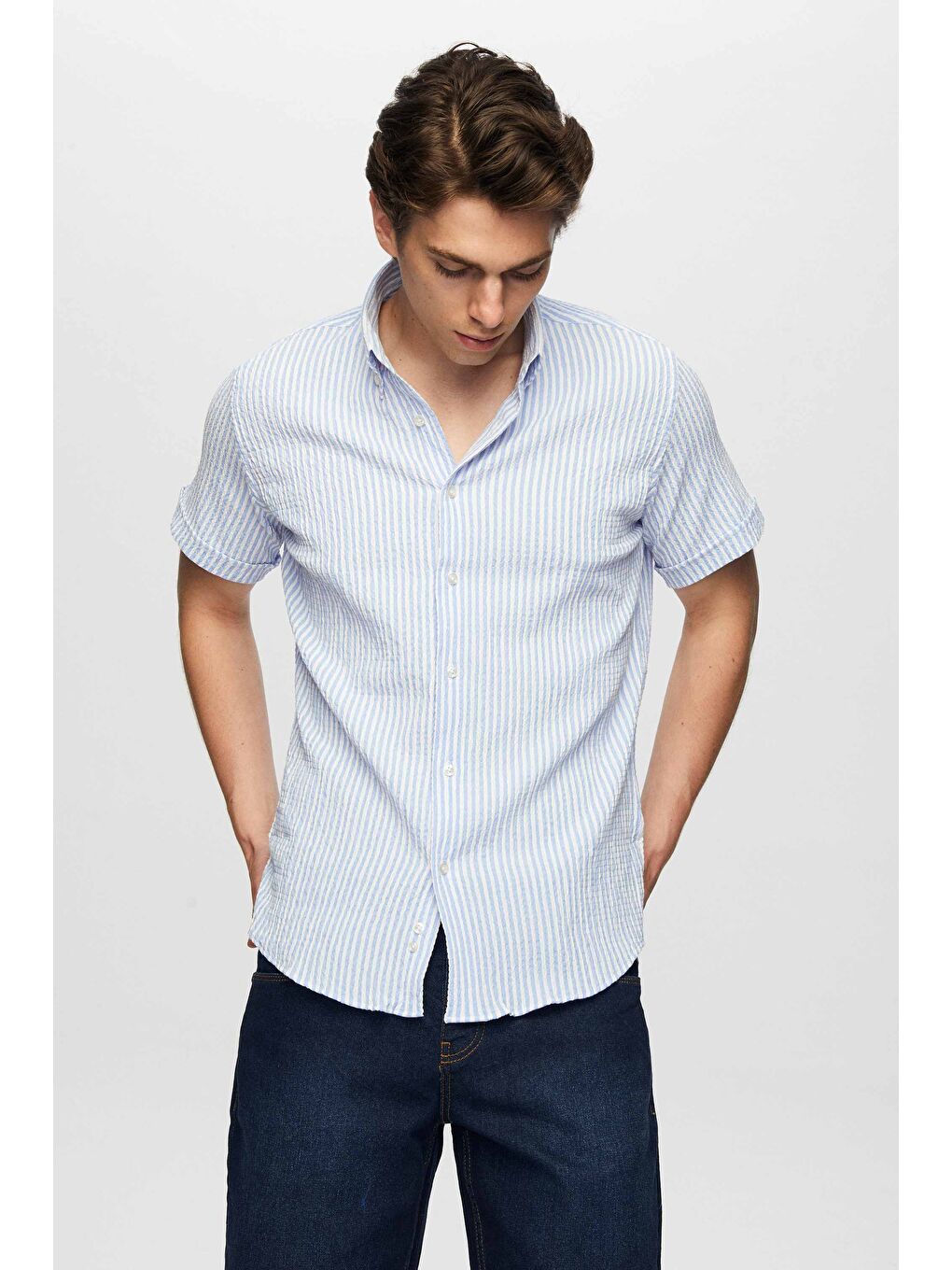Slim Fit Mavi Gofre Kısa Kollu Gömlek-2
