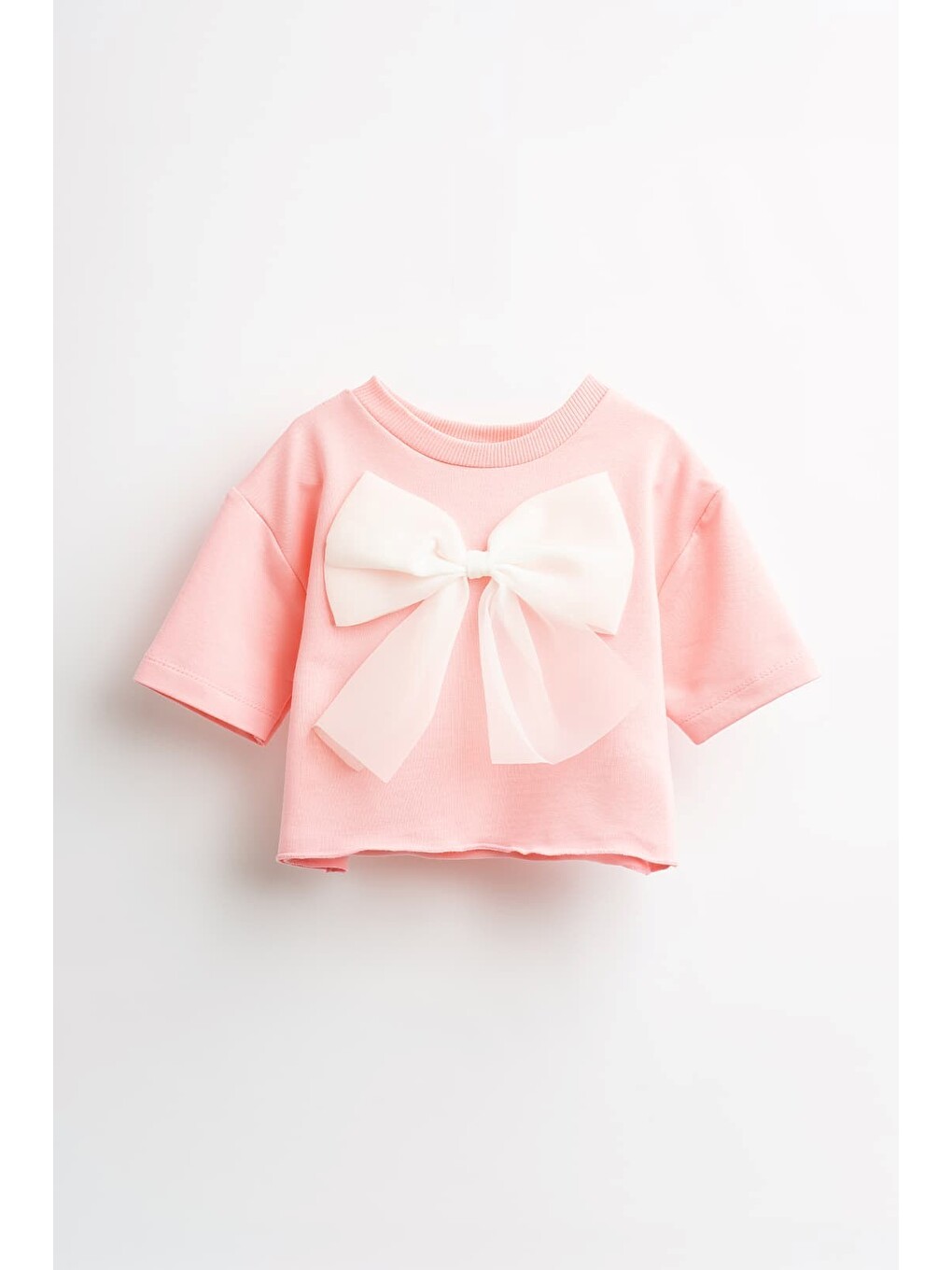 Beyaz Leila Organze Fiyonklu Crop Kısa Kollu Kız Çocuk T-shirt