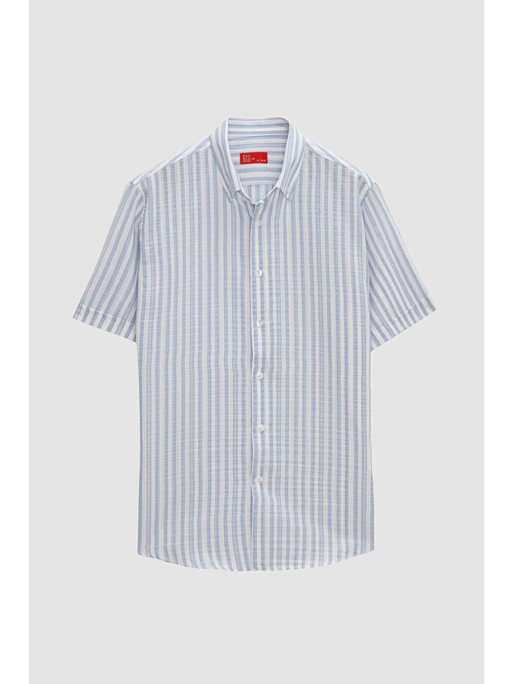 Slim Fit Mavi Gofre Kısa Kollu Gömlek-4