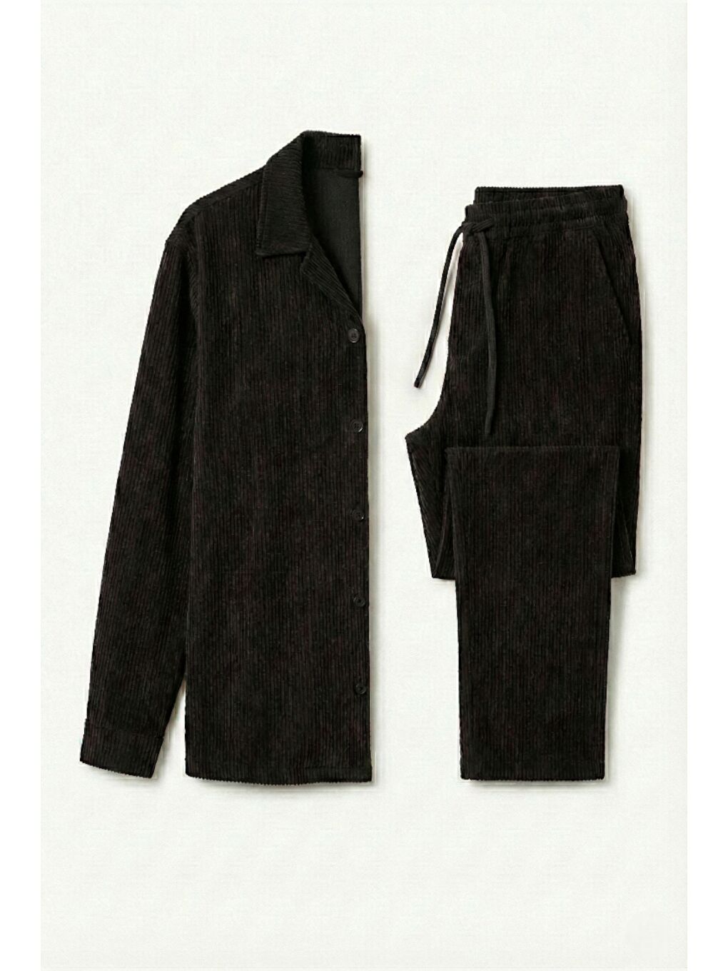 Siyah Kadın Premium Fitilli Kumaş Gömlek Pantolon Takımı-1