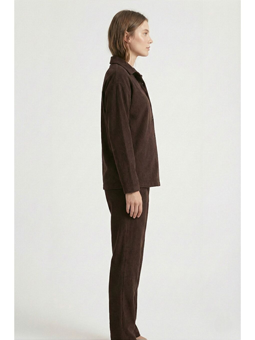 Kahverengi Kadın Premium Fitilli Kumaş Gömlek Pantolon Takımı-2