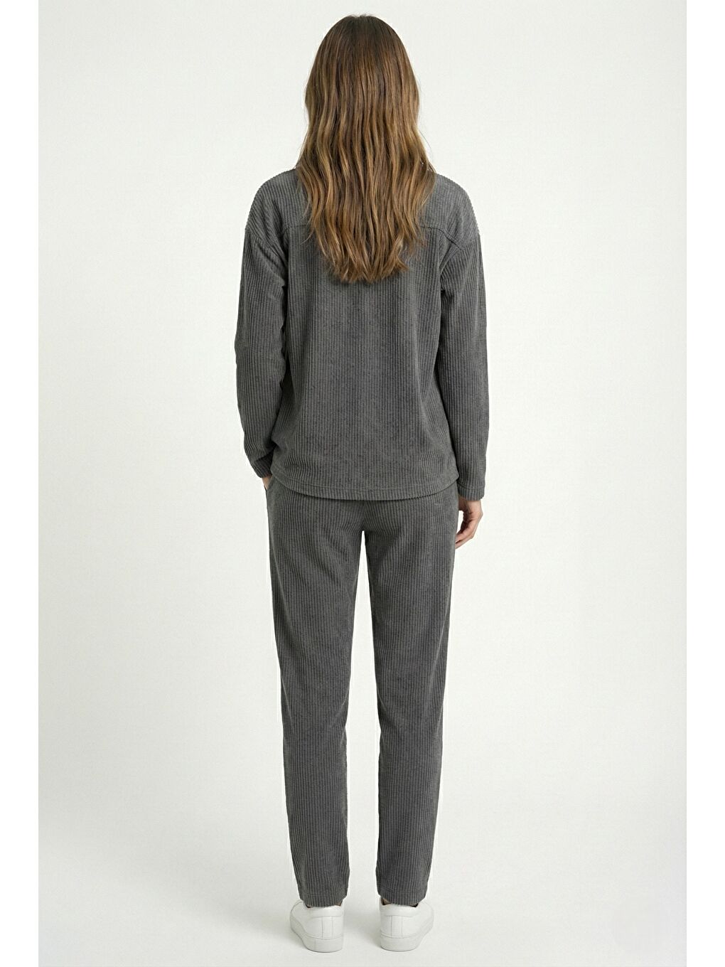 Gri Kadın Premium Fitilli Kumaş Gömlek Pantolon Takımı-3