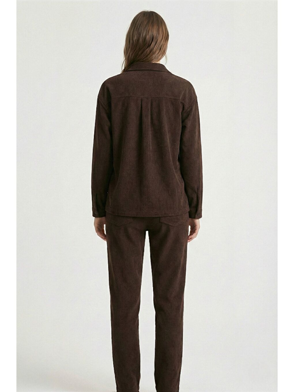 Kahverengi Kadın Premium Fitilli Kumaş Gömlek Pantolon Takımı-3