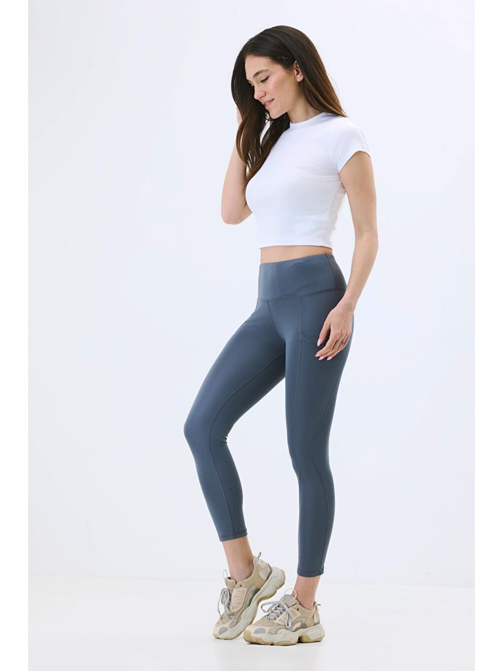 Gri Yüksek Bel Çift Cepli Toparlayıcı Spor Tayt 9416 Füme