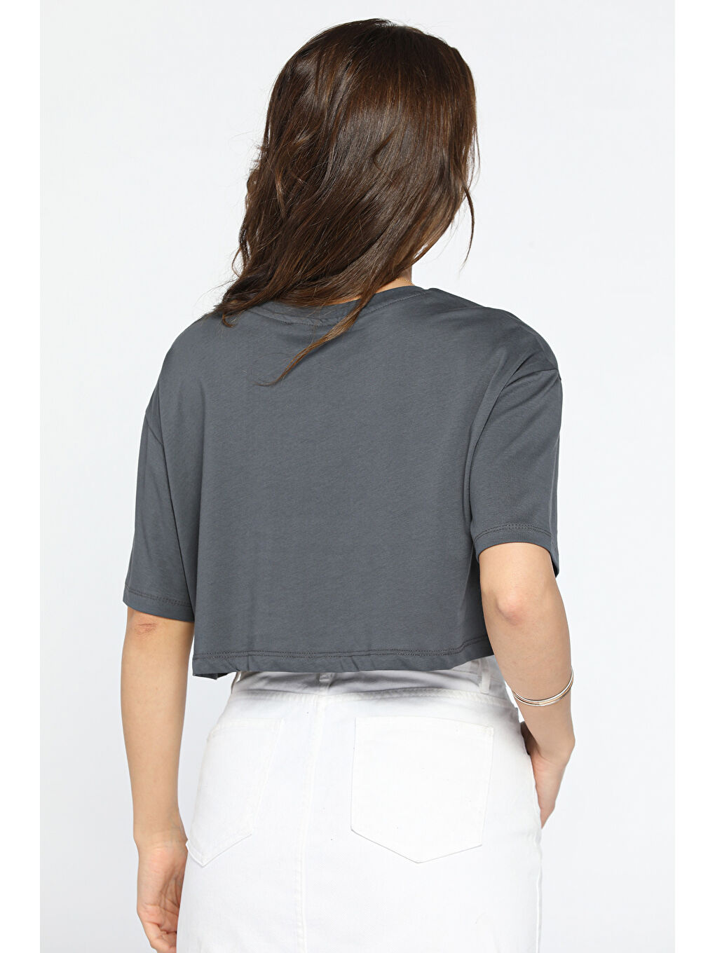 Gri Bisiklet Yaka Basic Kadın Crop Top Tişört-3