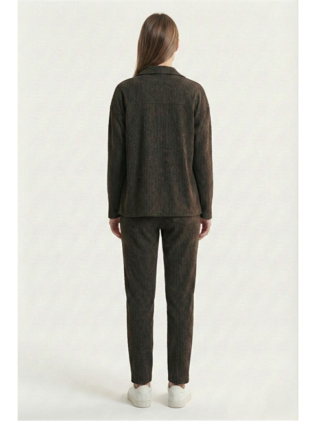 Siyah Kadın Premium Fitilli Kumaş Gömlek Pantolon Takımı-3