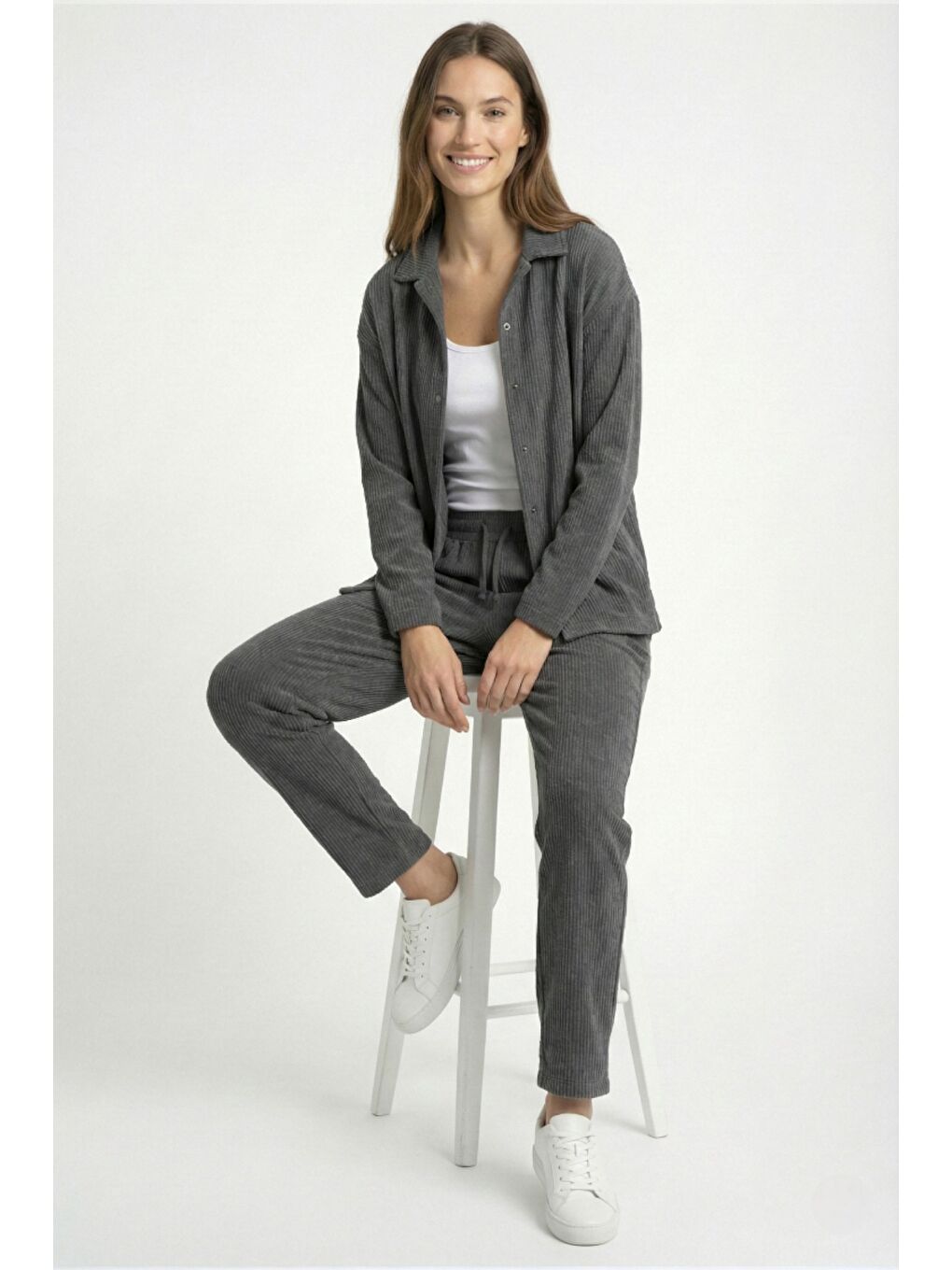 Gri Kadın Premium Fitilli Kumaş Gömlek Pantolon Takımı-4