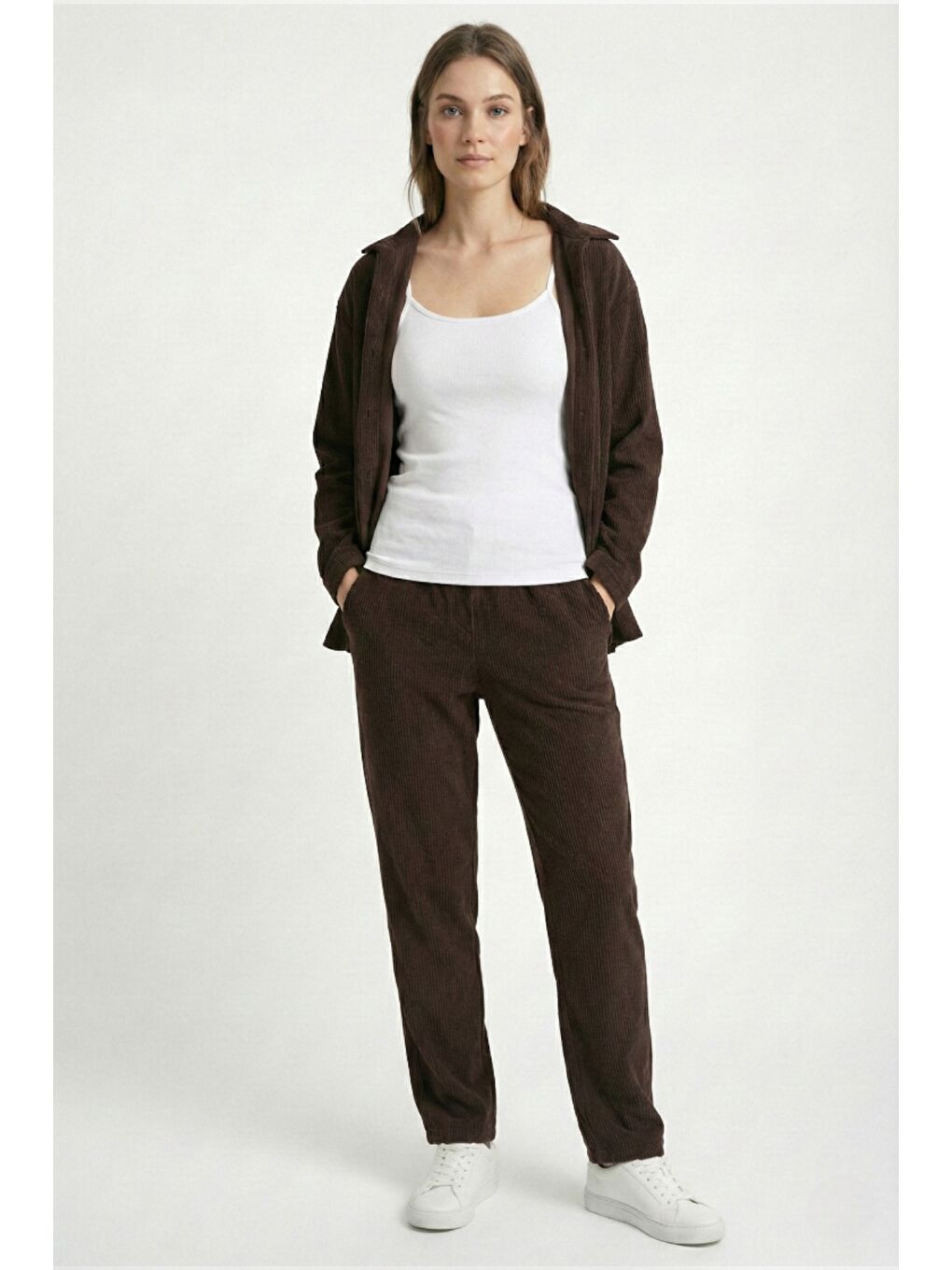 Kahverengi Kadın Premium Fitilli Kumaş Gömlek Pantolon Takımı-5