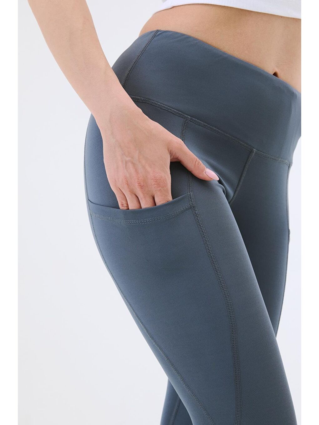 Gri Yüksek Bel Çift Cepli Toparlayıcı Spor Tayt 9416 Füme-2