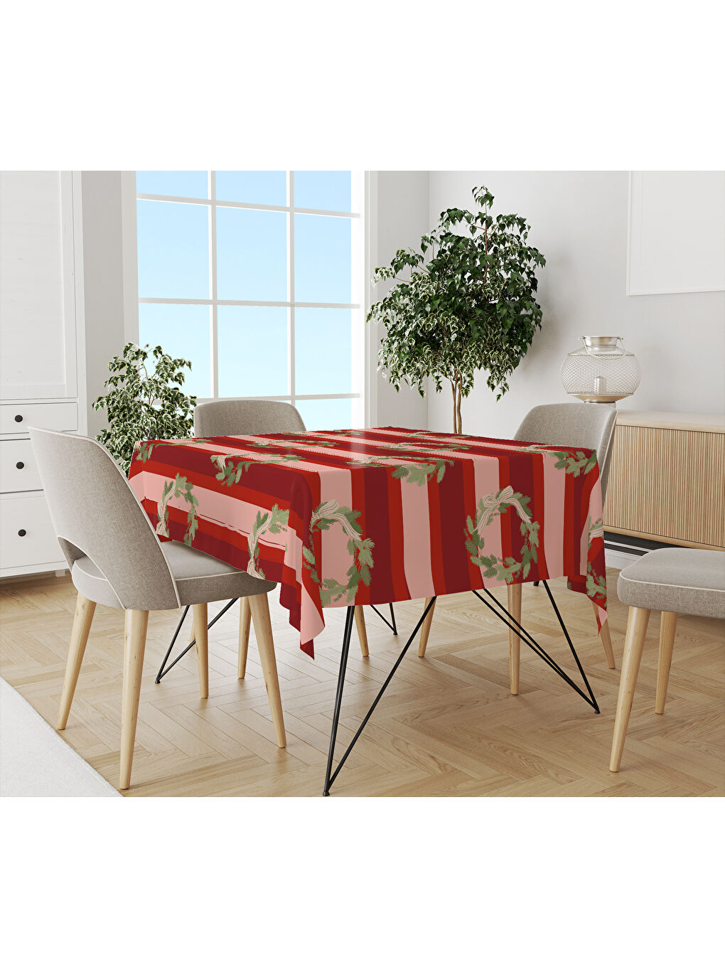 Karışık Yılbaşı Temalı Çelenk Desenli Dijital Baskılı Masa Örtüsü