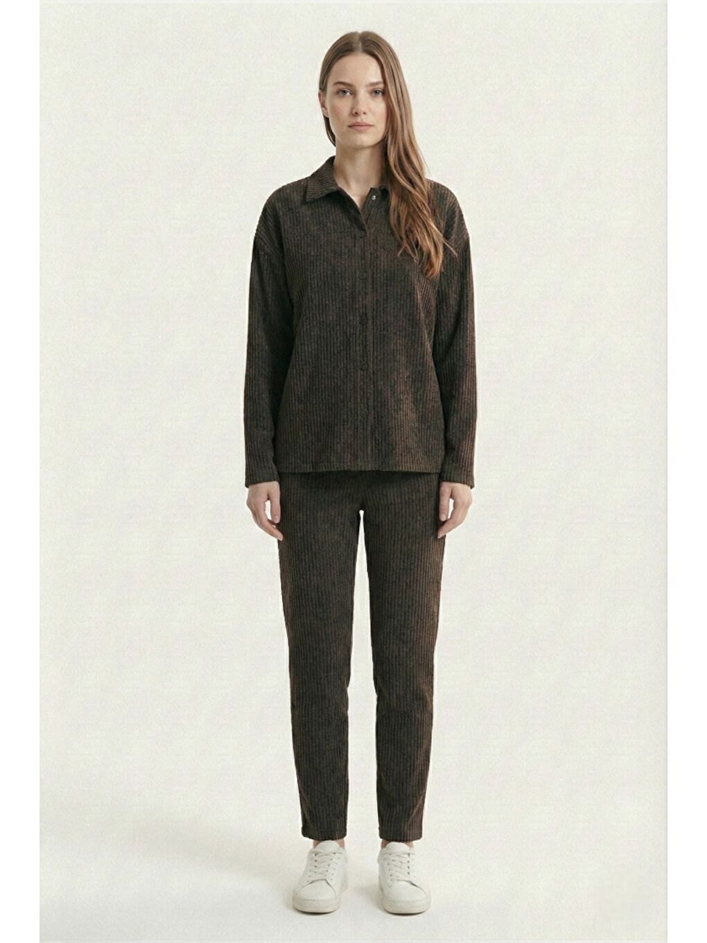 Siyah Kadın Premium Fitilli Kumaş Gömlek Pantolon Takımı-5