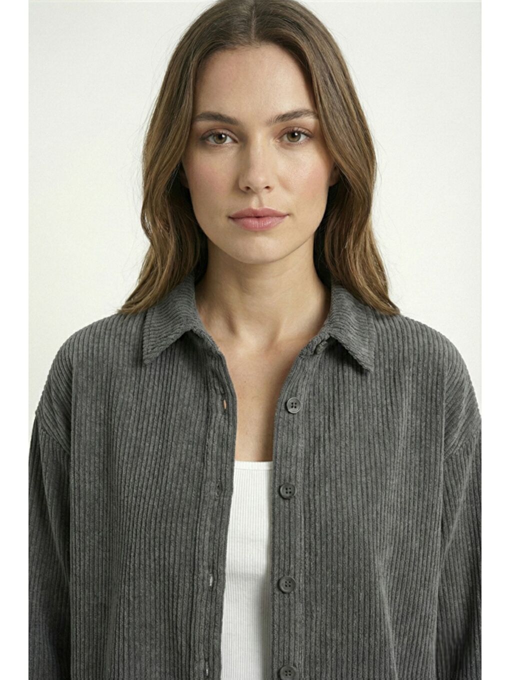 Gri Kadın Premium Fitilli Kumaş Gömlek Pantolon Takımı-5