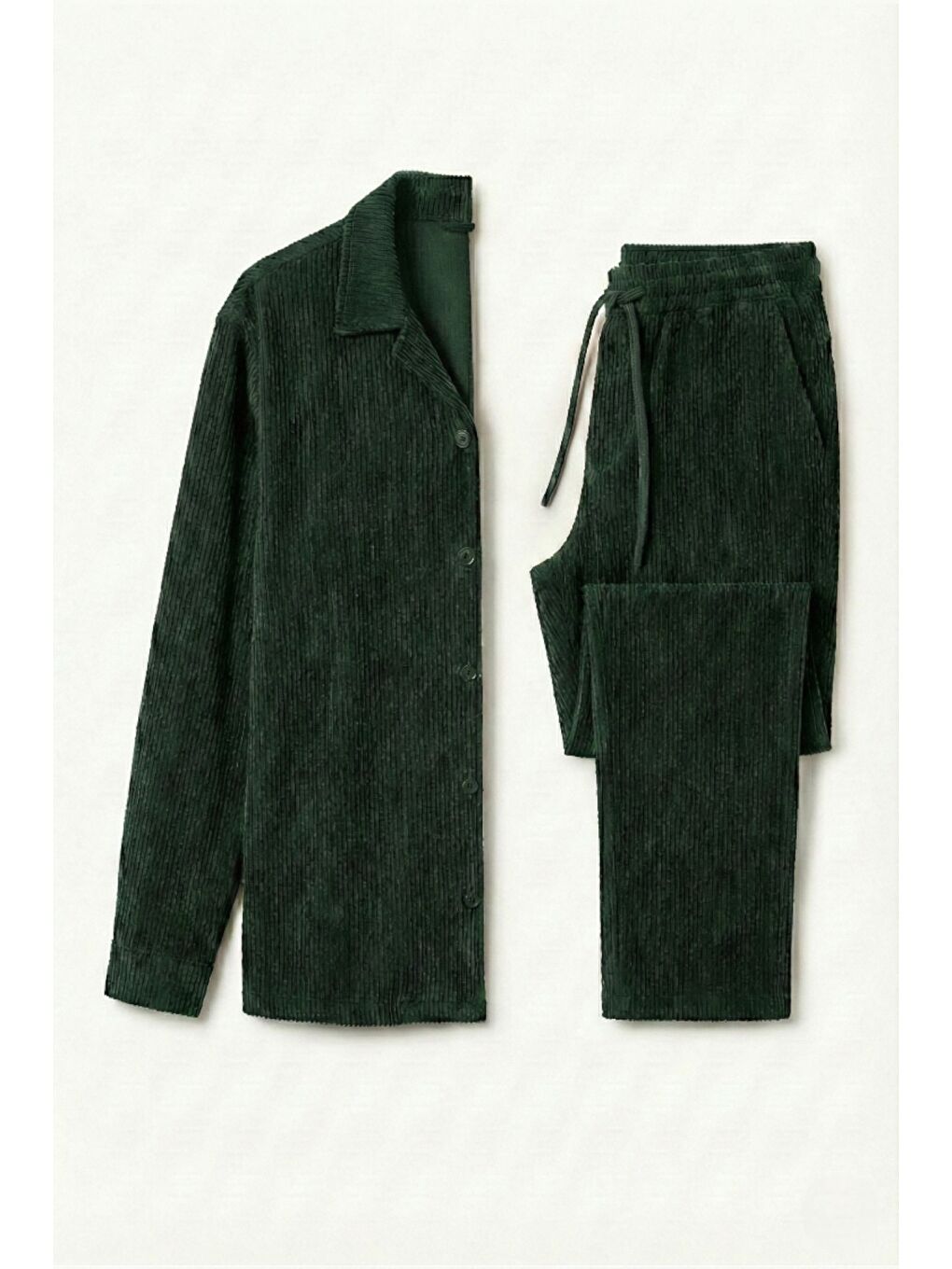 Yeşil Kadın Premium Fitilli Kumaş Gömlek Pantolon Takımı-1