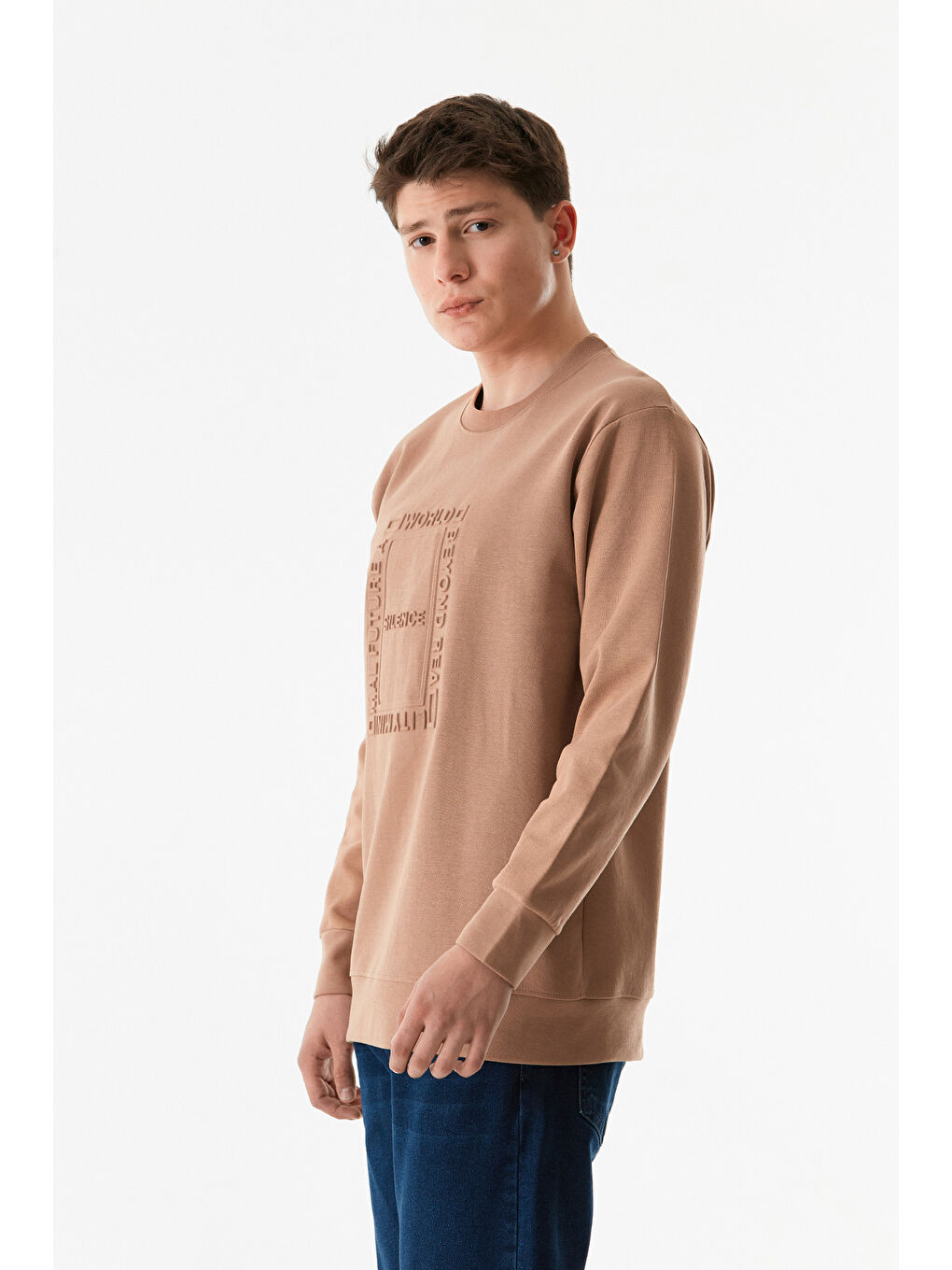 Fullamoda Camel Yazı Kabartmalı Bisiklet Yaka Sweatshirt - 1