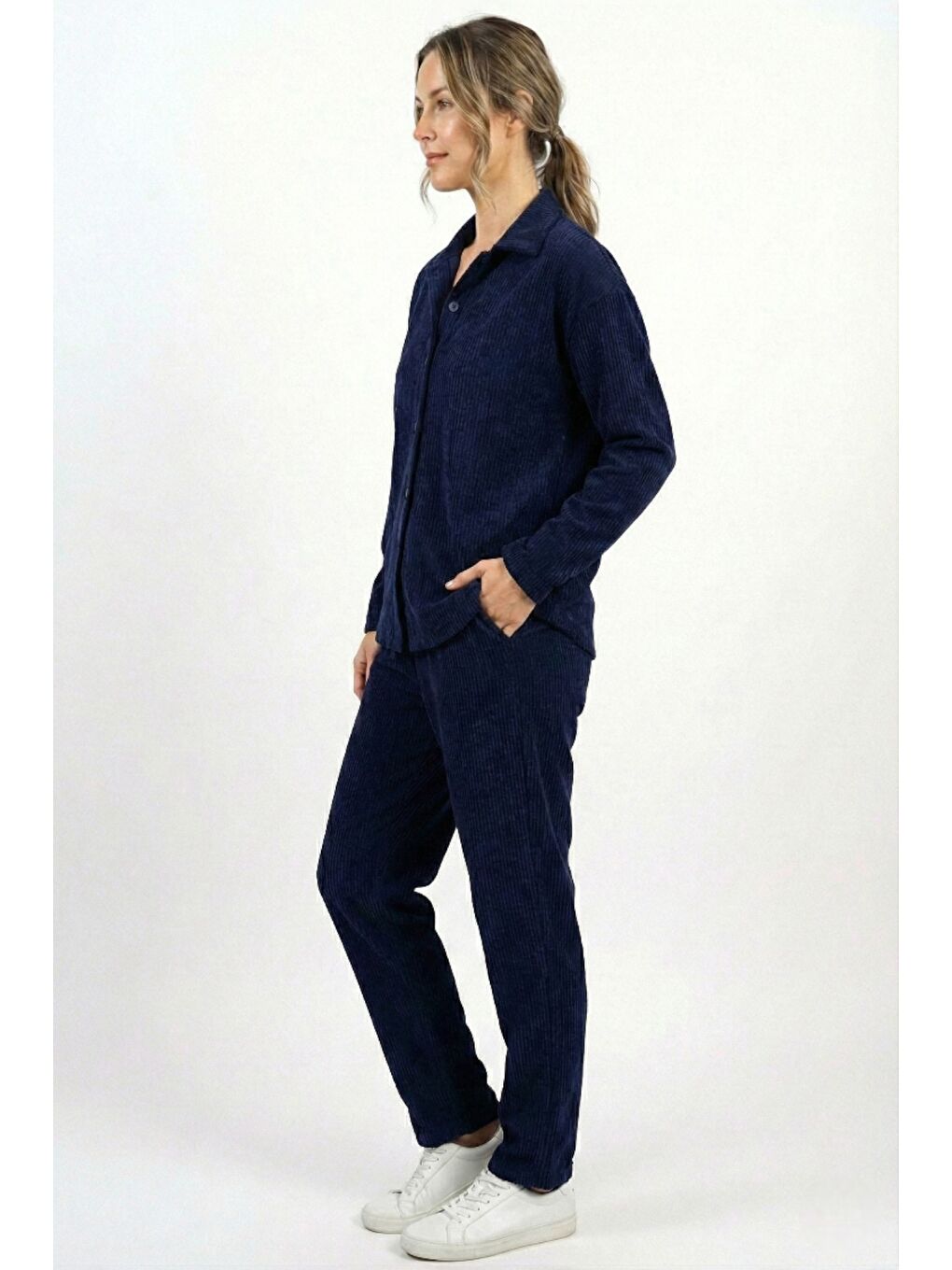 Lacivert Kadın Premium Fitilli Kumaş Gömlek Pantolon Takımı-2