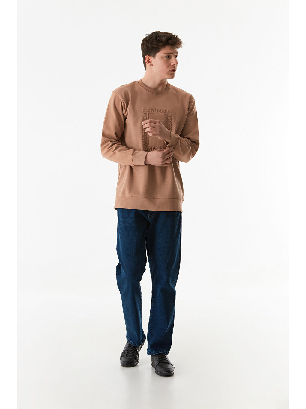 Fullamoda Camel Yazı Kabartmalı Bisiklet Yaka Sweatshirt - 2