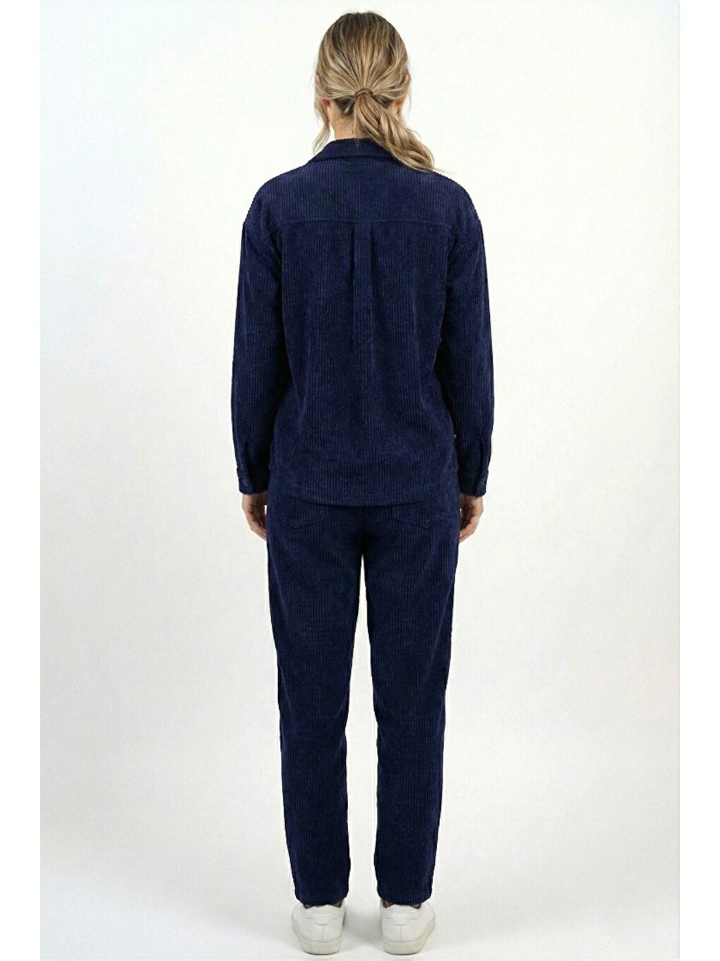 Lacivert Kadın Premium Fitilli Kumaş Gömlek Pantolon Takımı-3