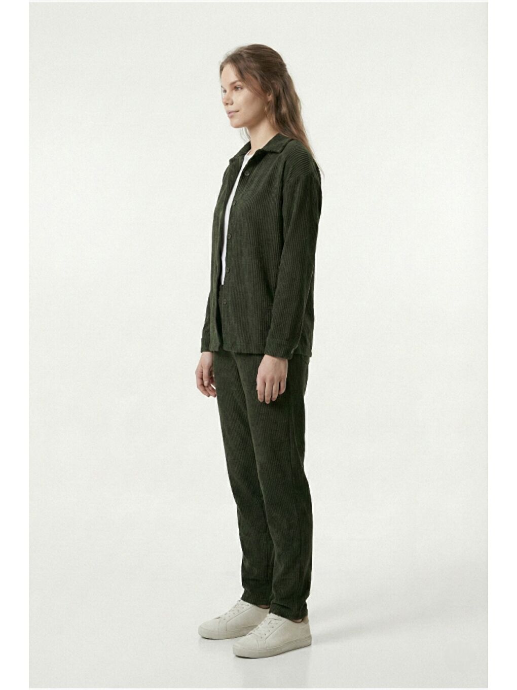 Yeşil Kadın Premium Fitilli Kumaş Gömlek Pantolon Takımı-2