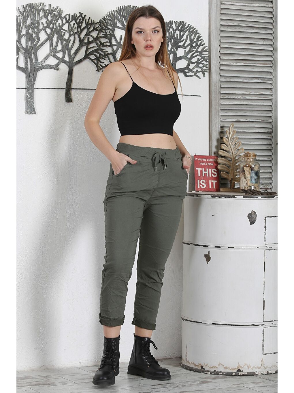 İtalyan Haki Lastikli Ve Bağlamalı Bel Dar Paça Casual Dokuma Pantolon-1