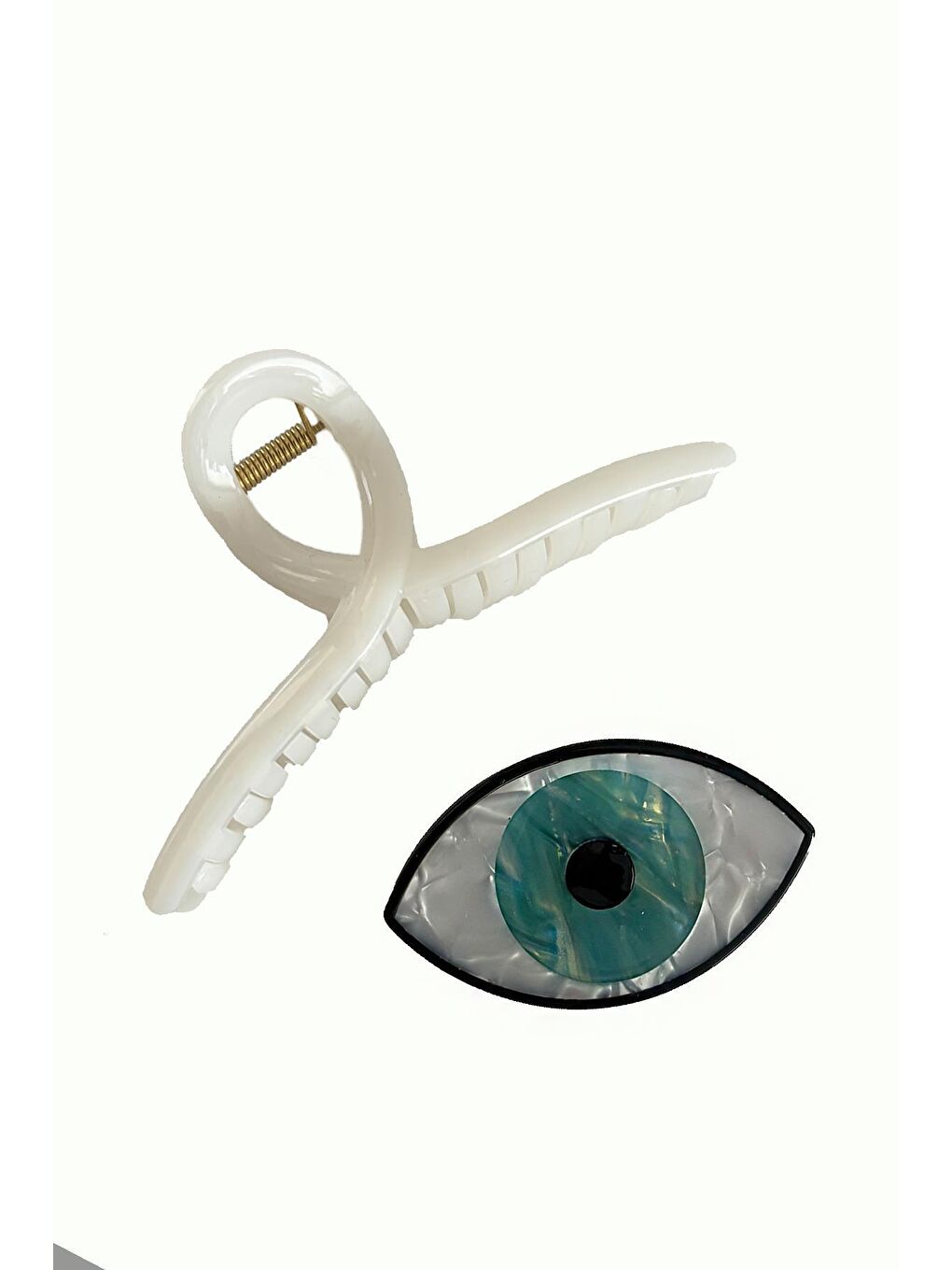 Beyaz Plastik Göz ve Damla Mandal Saç Tokası Seti 2'li Paket-1