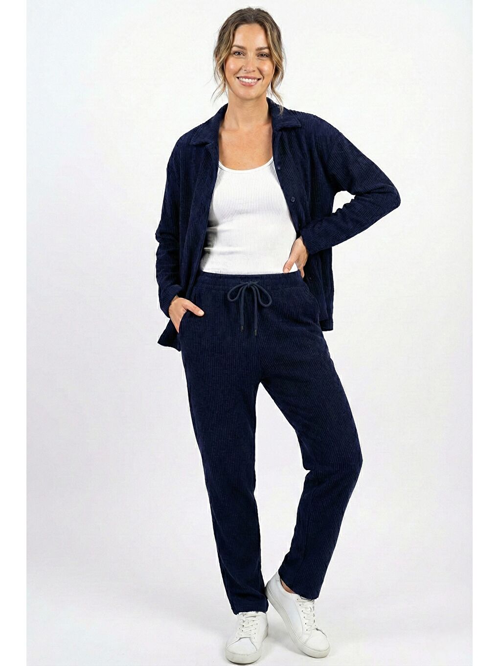 Lacivert Kadın Premium Fitilli Kumaş Gömlek Pantolon Takımı-4