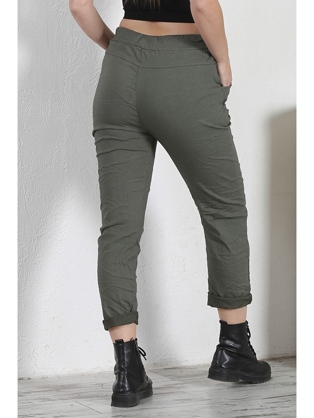 İtalyan Haki Lastikli Ve Bağlamalı Bel Dar Paça Casual Dokuma Pantolon-7