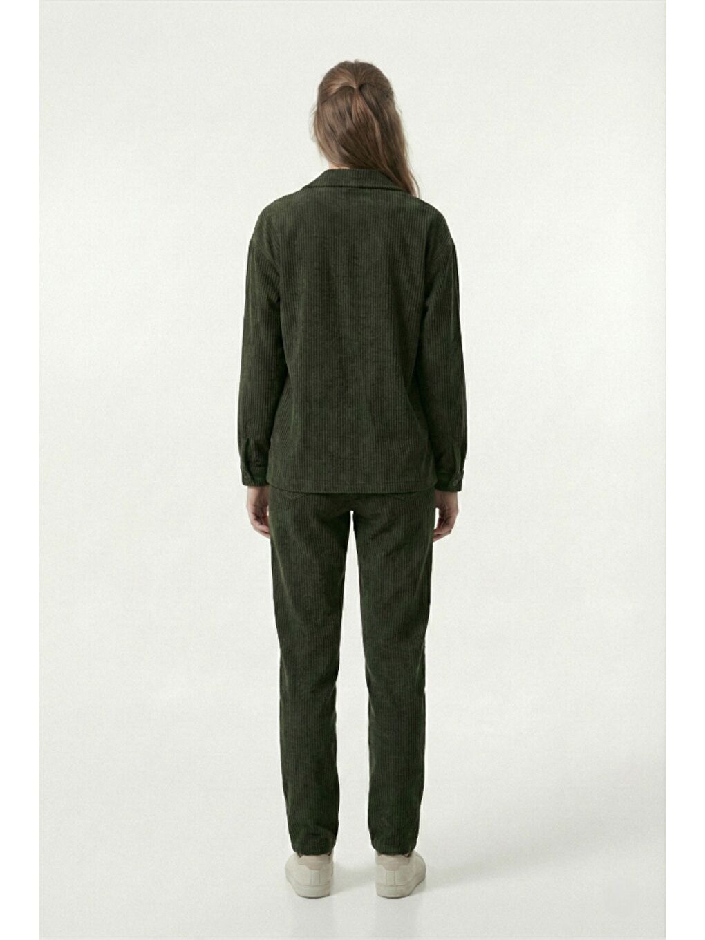 Yeşil Kadın Premium Fitilli Kumaş Gömlek Pantolon Takımı-3