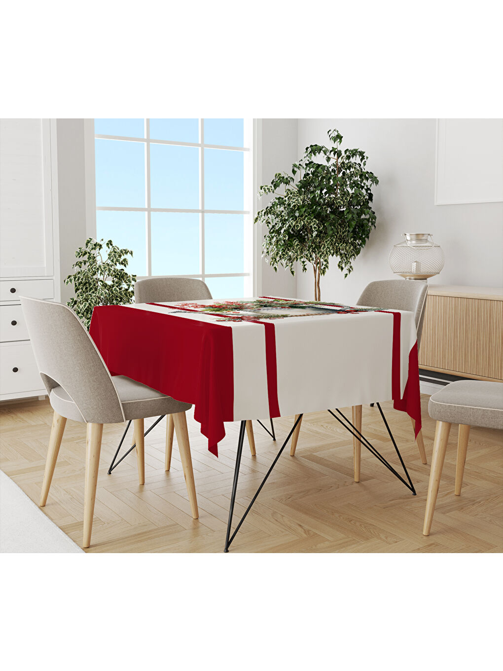 Karışık Yılbaşı Temalı Kırmızı Çizgi Desenli Dijital Baskılı Masa Örtüsü