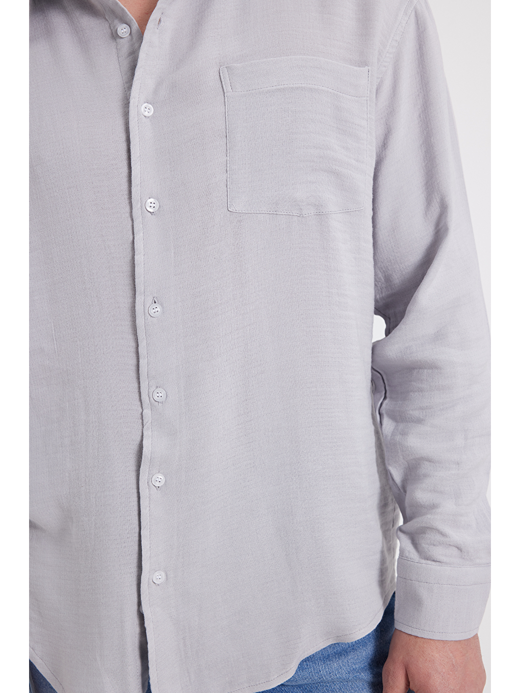Erkek Relax Fit Rahat Kesim Oversize Müslin Viskon Pamuklu Tek Cepli Düz Gri Gömlek-4