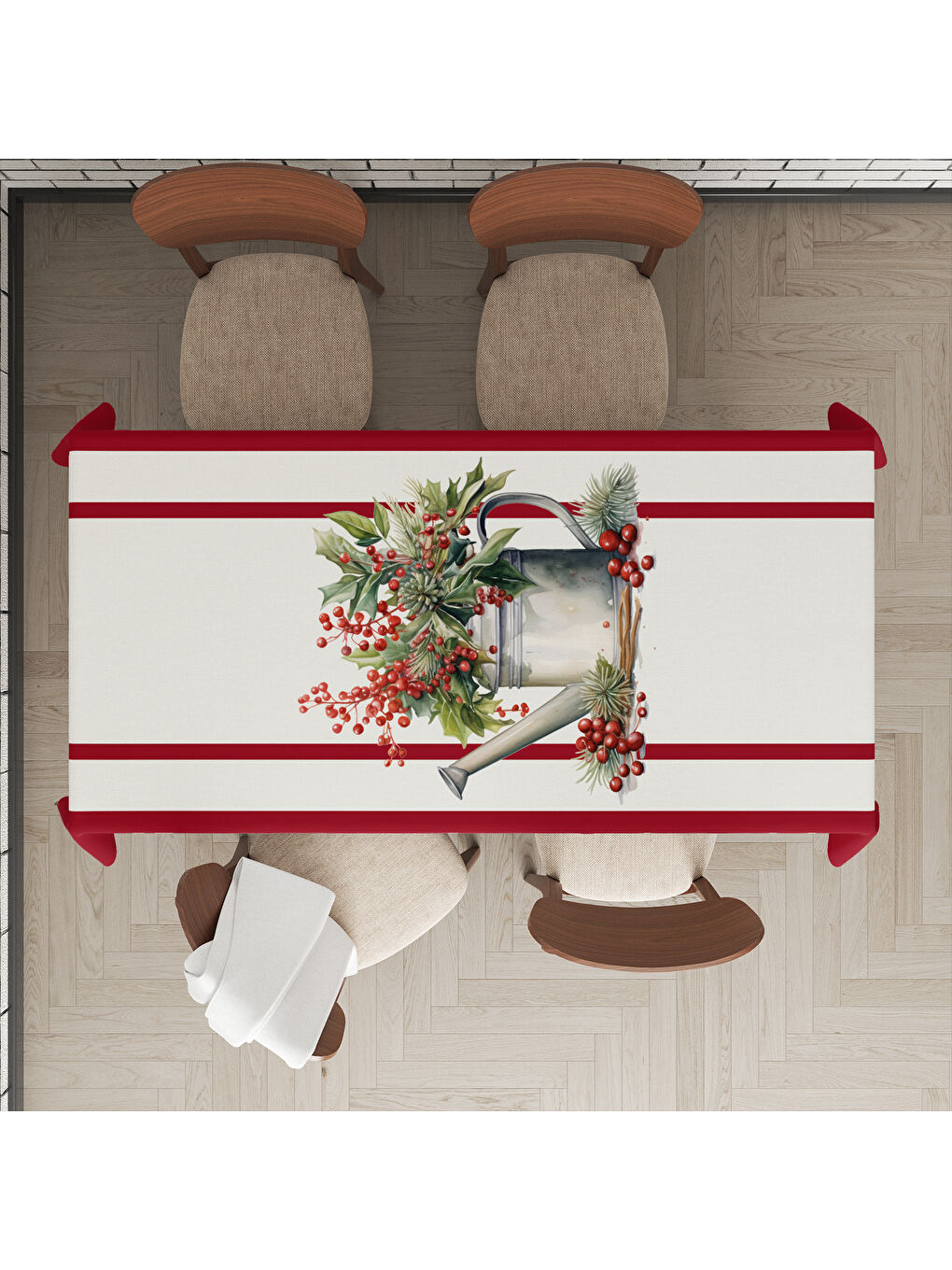 Karışık Yılbaşı Temalı Kırmızı Çizgi Desenli Dijital Baskılı Masa Örtüsü-1