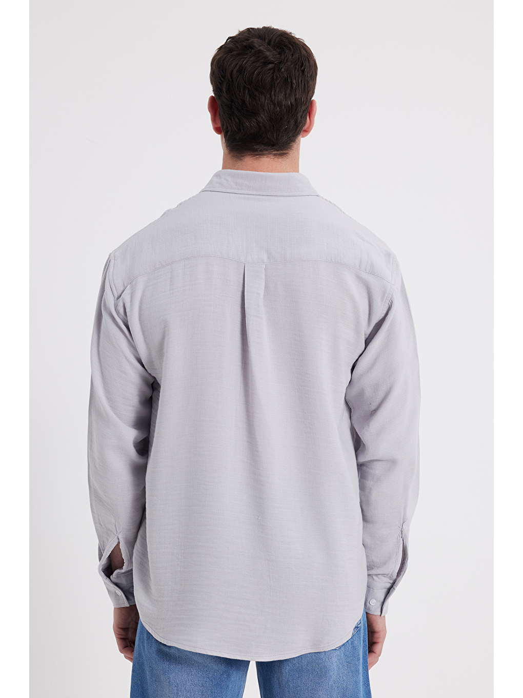 Erkek Relax Fit Rahat Kesim Oversize Müslin Viskon Pamuklu Tek Cepli Düz Gri Gömlek-5