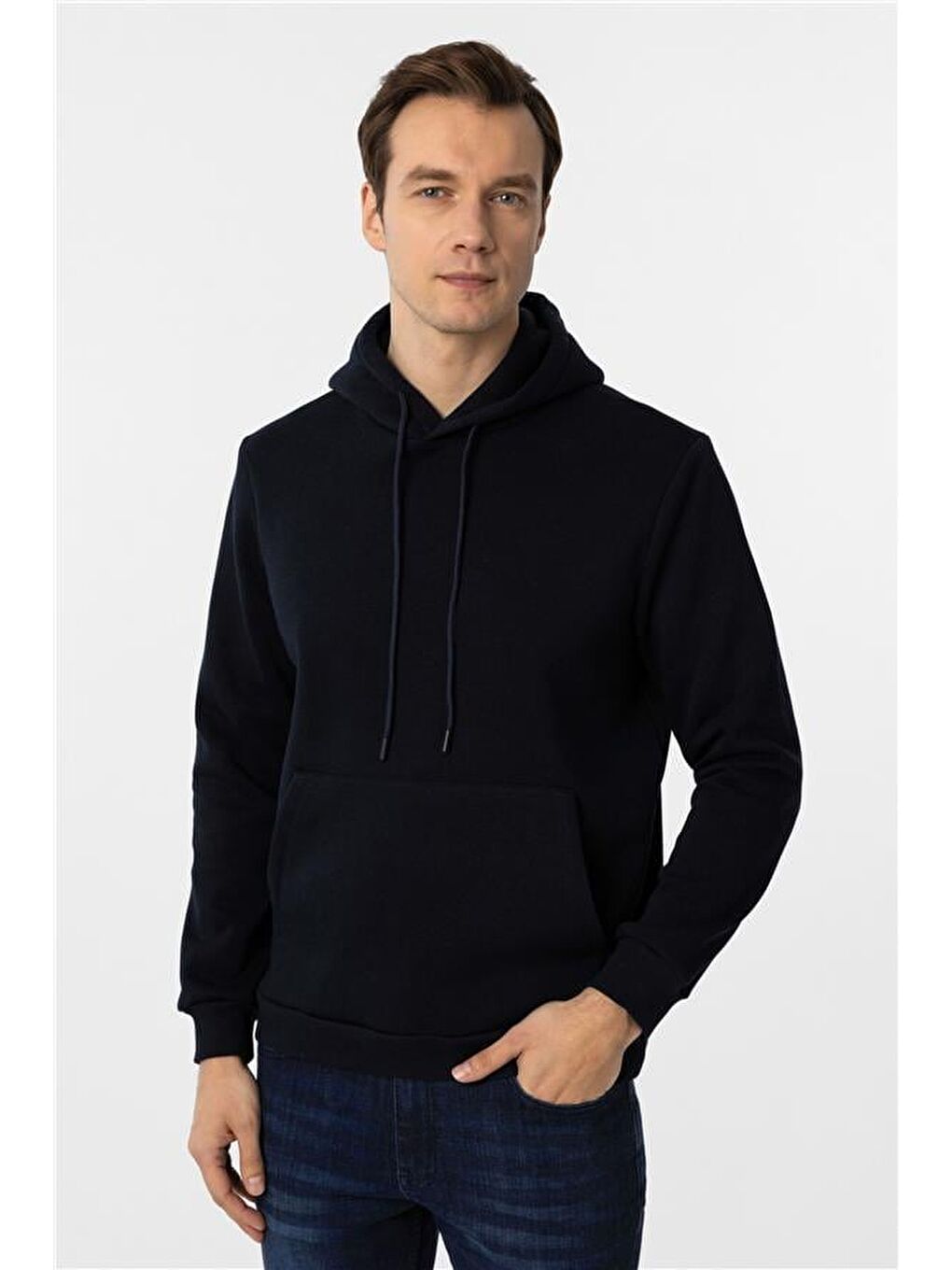 Lacivert Regular Düz Kapüşonlu Yaka Triko-1