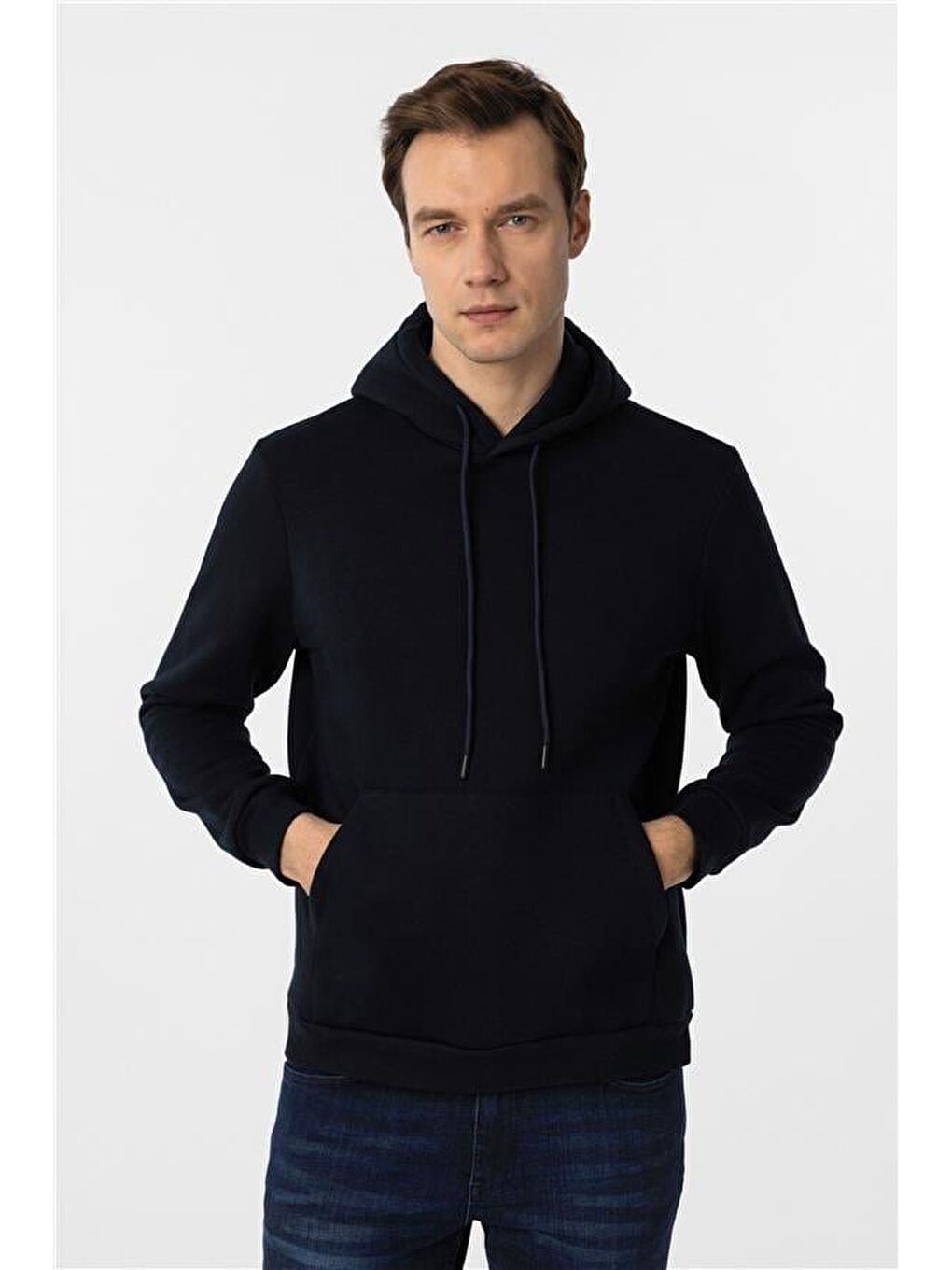 Lacivert Regular Düz Kapüşonlu Yaka Triko-2