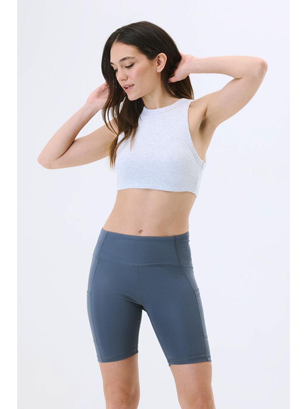 Gri Yüksek Bel Çift Cepli Kısa Tayt 9417 Füme