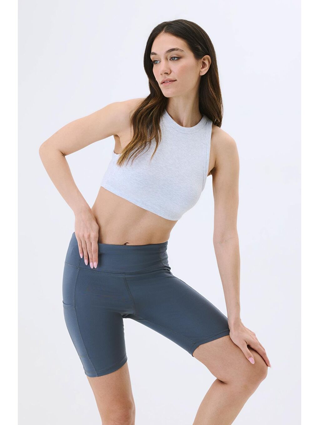 Gri Yüksek Bel Çift Cepli Kısa Tayt 9417 Füme-2