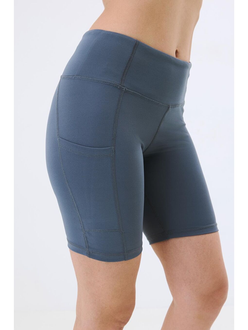 Gri Yüksek Bel Çift Cepli Kısa Tayt 9417 Füme-4