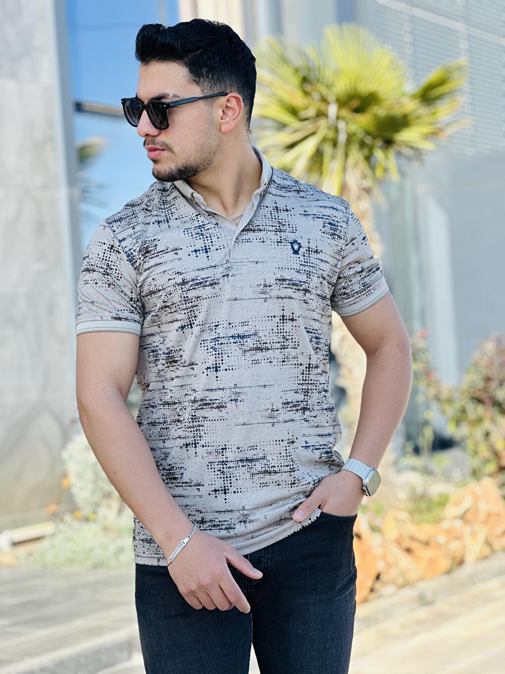 Kahverengi Kagi Nokta Baskılı Polo Yaka Kısa Kollu Tişört-21236-1