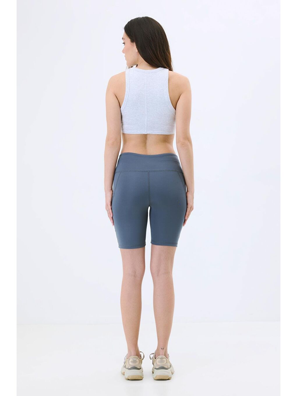 Gri Yüksek Bel Çift Cepli Kısa Tayt 9417 Füme-5