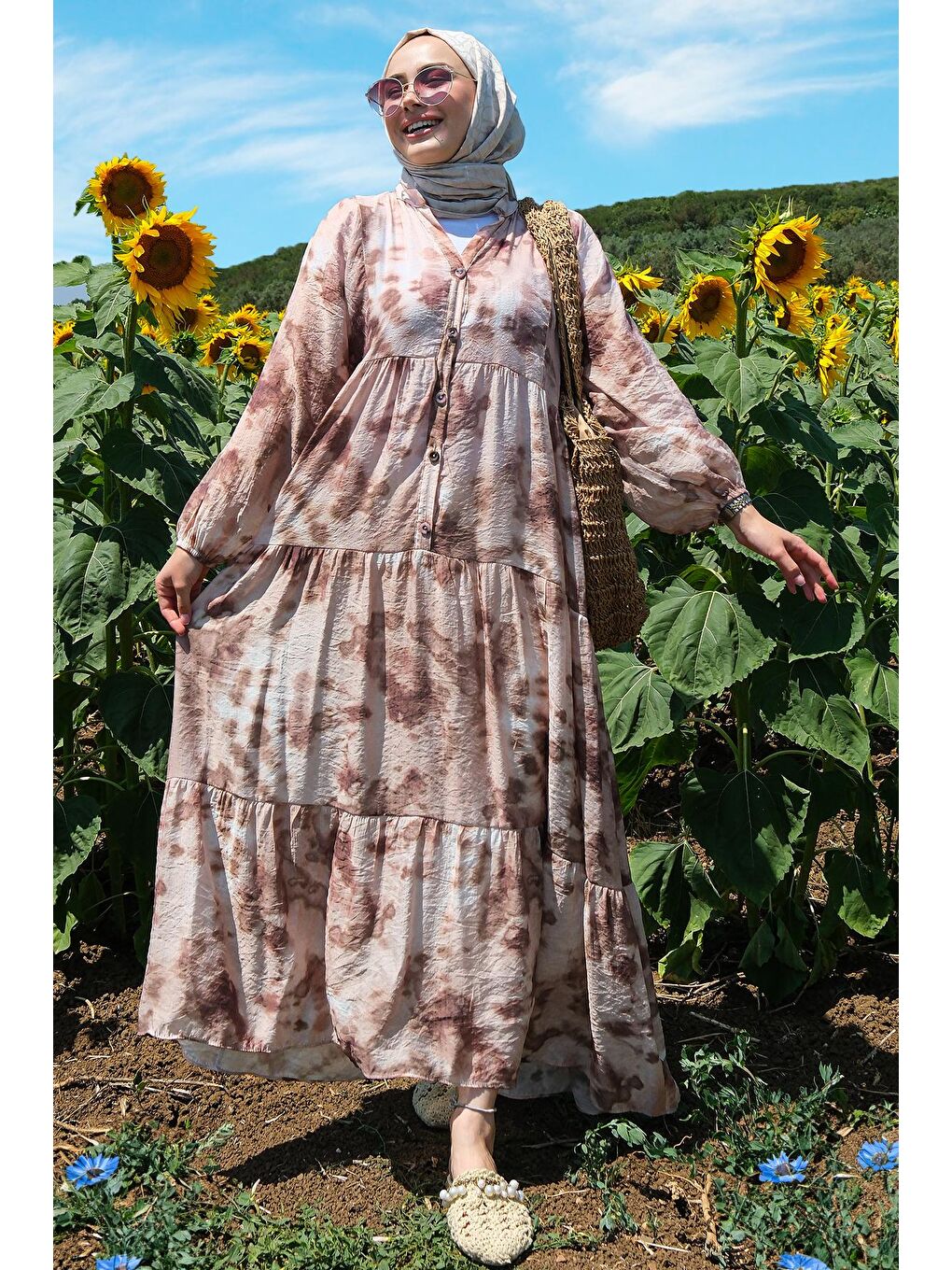 Bulut Desen Elbise Kahverengi