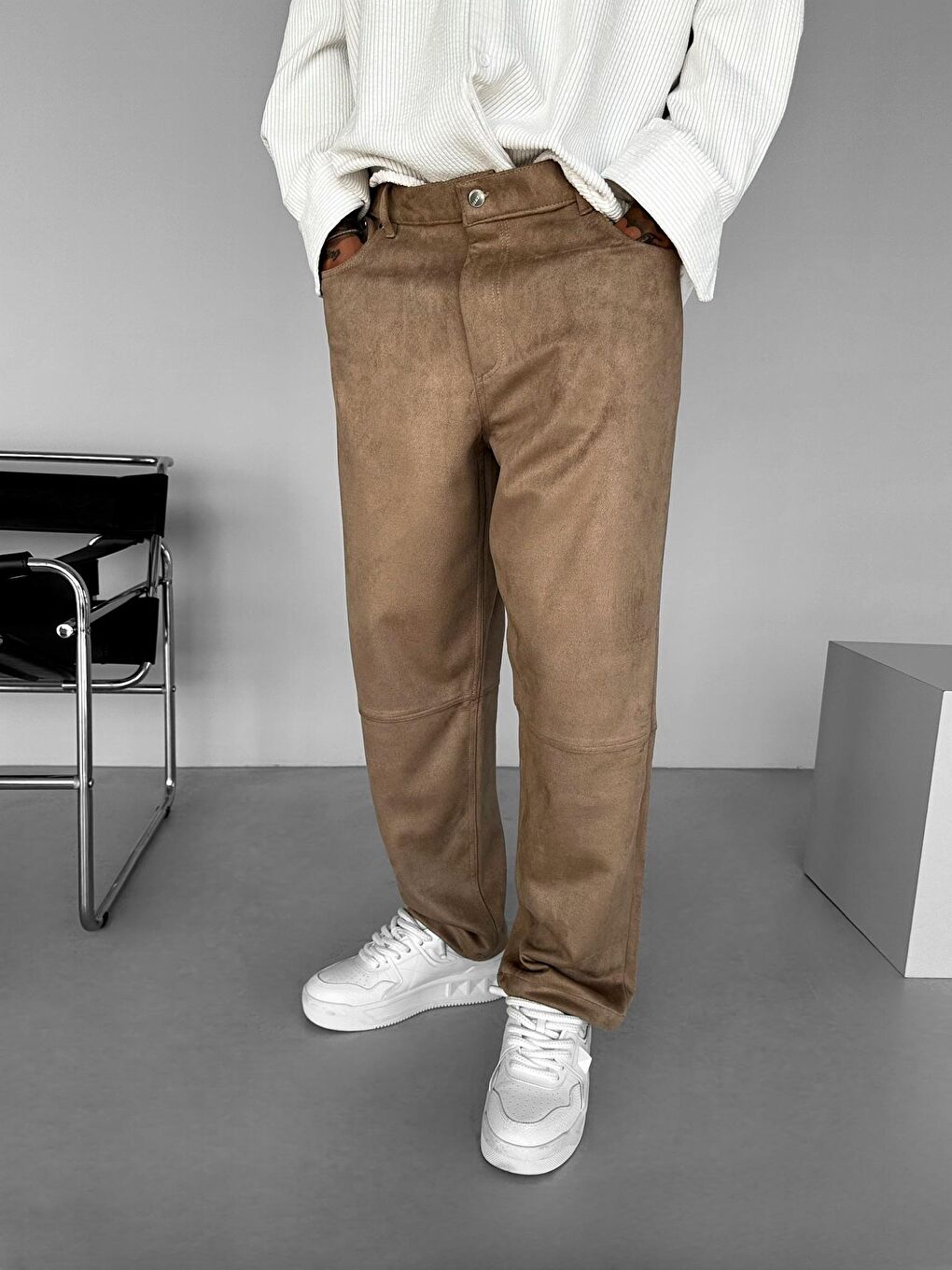 Baggy Geniş Kalıp Geniş Paça Süet Basic Erkek Pantolon Bej-1