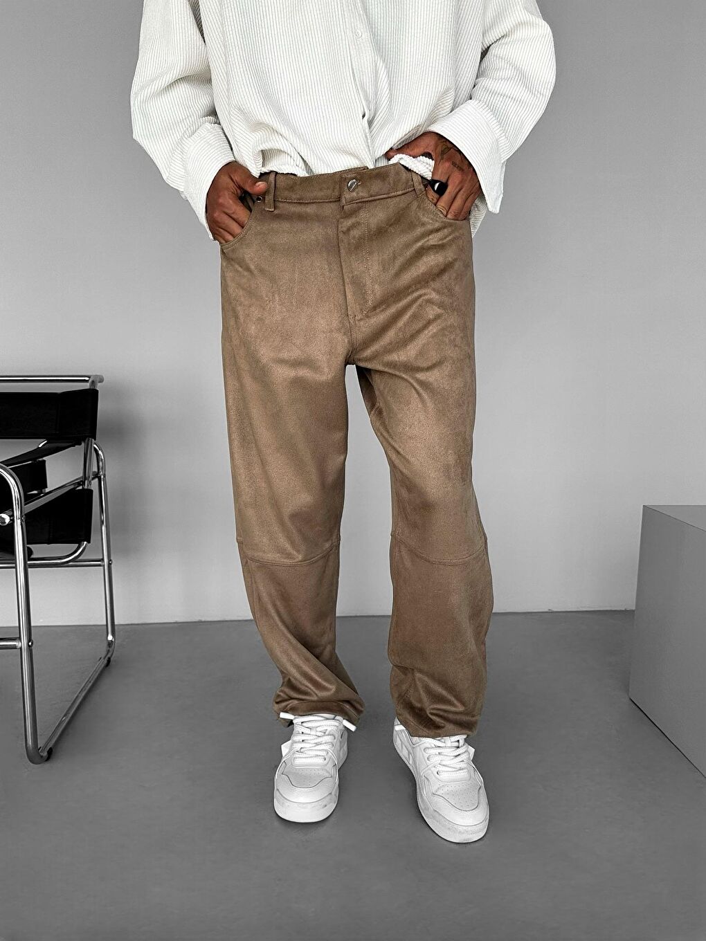 Baggy Geniş Kalıp Geniş Paça Süet Basic Erkek Pantolon Bej-2