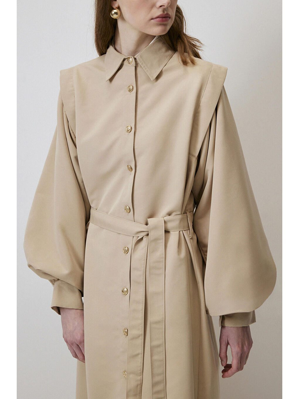 Kahverengi BALON KOL KUŞAKLI TRENÇKOT-4