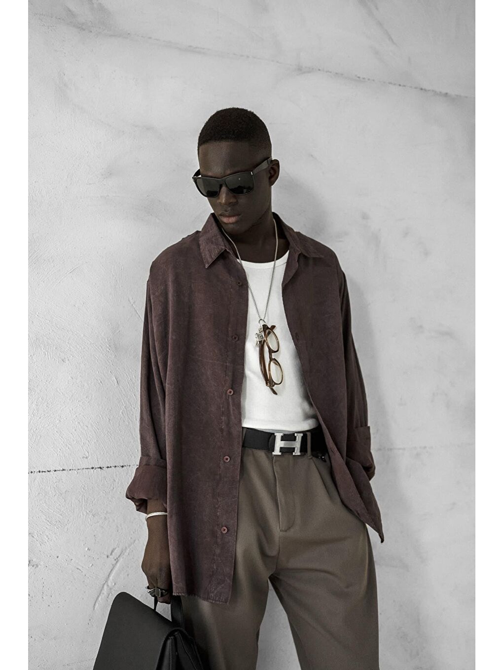 Erkek Oversize Yıkamalı Rahat Gömlek Kahverengi-1