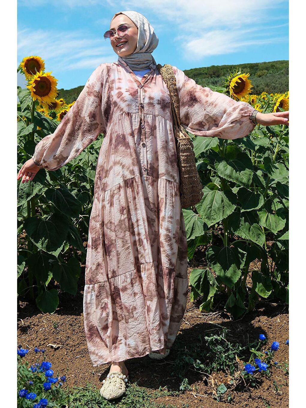 Bulut Desen Elbise Kahverengi-1