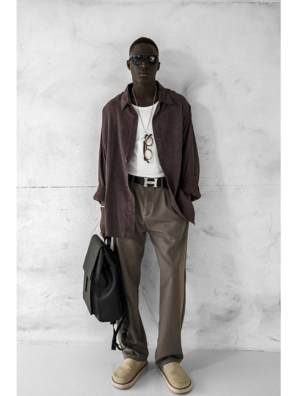 Erkek Oversize Yıkamalı Rahat Gömlek Kahverengi-2